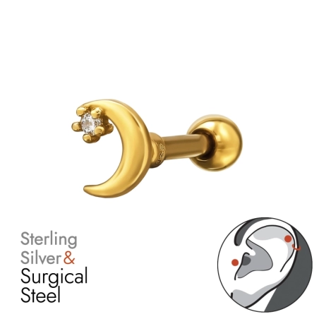 Golden Crescent with Zirconia - 316 Surgical Steel + 925 Sterling Silver Ear Tunnels & Plugs