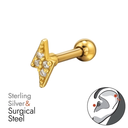 Golden Thunderbolt with Zirconia - 316 Surgical Steel + 925 Sterling Silver Ear Tunnels & Plugs