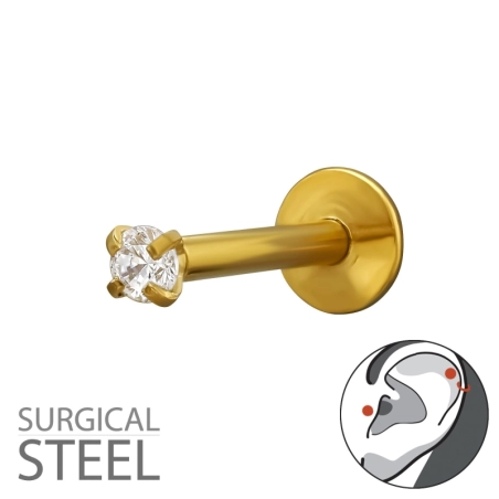 Piercing Do Horného Ucha S Hrotom Helix, Zlatej Farby, 1,2X8 mm (16 G) S 2 mm Kryštálom Ušné zátky Jewellery | All4silver