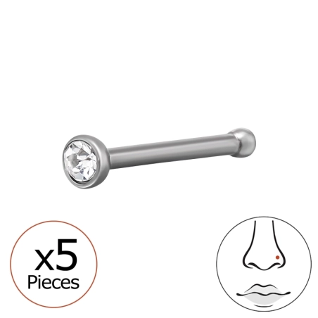 0.8X7.5Mm (20G) Nose Stud With 2mm Crystal (X5) Steel Jewellery | All4silver
