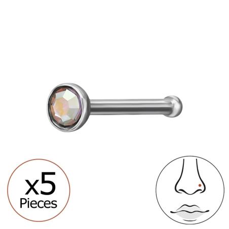 0.8X7.5Mm (20G) 2.5Mm Round Crystal Nose Stud (X5) Steel Jewellery | All4silver