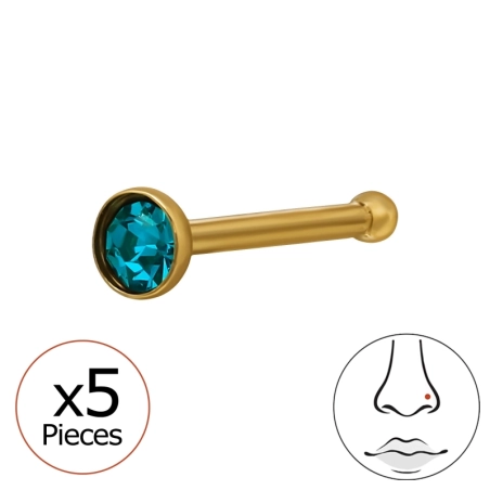 0.8X7.5Mm (20G) 1.9Mm Round Crystal Gold Color Nose Stud (X5) Steel Jewellery | All4silver