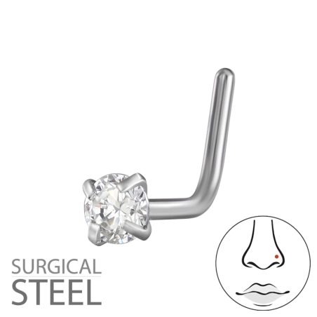0.8X7X4.5Mm (20G) - 2.5Mm Round 4 Prong L-Shape Nose Stud Steel Jewellery | All4silver