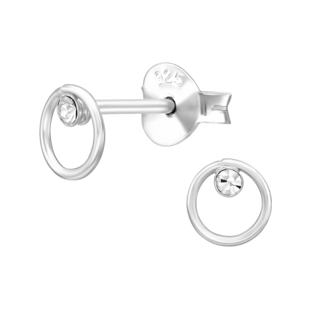 5 mm Circle with Crystal - 925 Sterling Silver Ear Studs With Crystal Stones