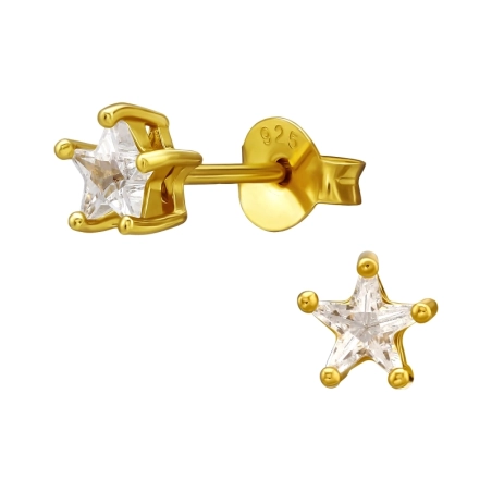 4 mm Golden Star with Zirconia - 925 Sterling Silver Ear Studs With Zirconia Stones