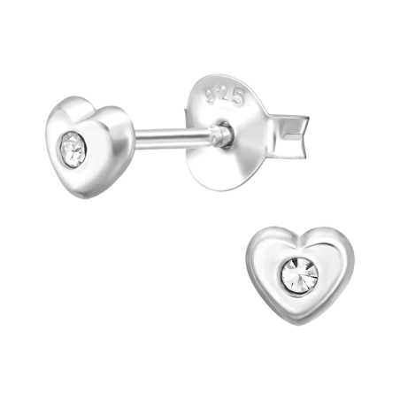 3D Heart with Crystal - 925 Sterling Silver Ear Studs With Crystal Stones