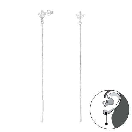 Leaves with Zircons and Chain - 925 Sterling Silver Ear Studs With Zirconia Stones