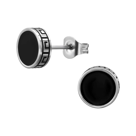 Black Circle With Pattern - 316L Surgical Grade Stainless Steel Steel Ear Studs