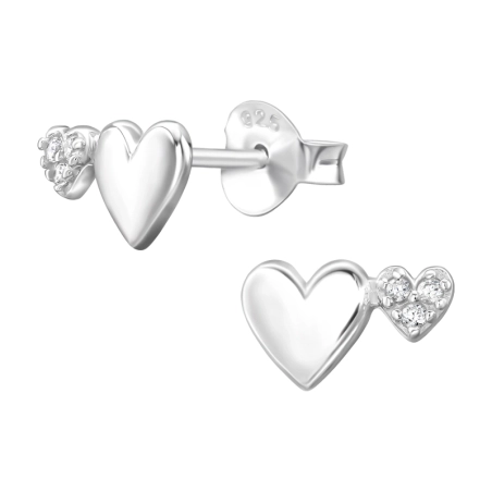 Double Heart Ear Studs with Zirconia stones Jewellery | All4silver