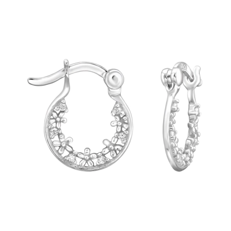 Circles with floral pattern and zircons - 925 Sterling Silver Ear Hoops