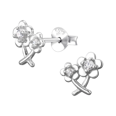 Five-Petal Flowers with Zirconia - 925 Sterling Silver Ear Studs With Zirconia Stones