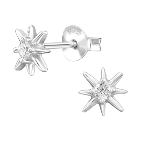7 mm Eight-Pointed Star - 925 Sterling Silver Ear Studs With Zirconia Stones