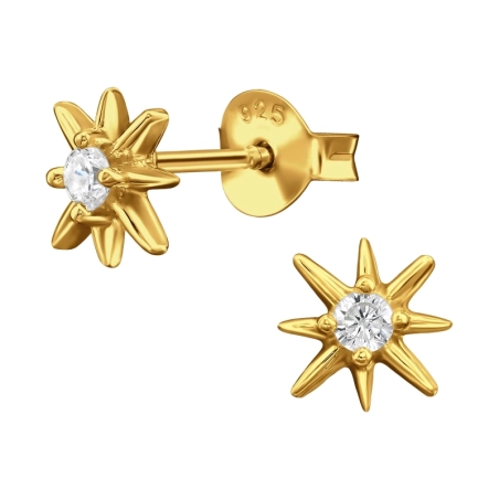 7 mm Eight-Pointed Star Gold Plated - 925 Sterling Silver Ear Studs With Zirconia Stones