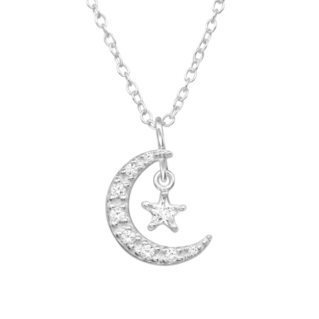 Moon With Dangling Star - 925 Sterling Silver Necklace With Stones