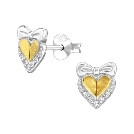 Heart With Bow and Zirconia - 925 Sterling Silver Ear Studs With Zirconia Stones
