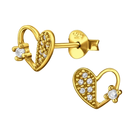8 mm Golden Heart with Zircons - 925 Sterling Silver Ear Studs With Zirconia Stones