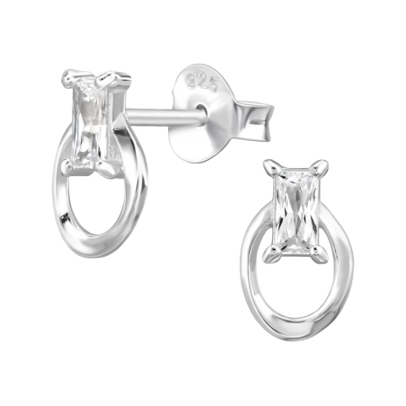 Open Oval with Zirconia - 925 Sterling Silver Ear Studs With Zirconia Stones