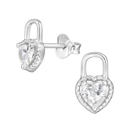 Heart pendant lock - 925 Sterling Silver Ear Studs With Zirconia Stones