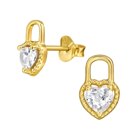 Golden Padlock Heart - 925 Sterling Silver Ear Studs With Zirconia Stones