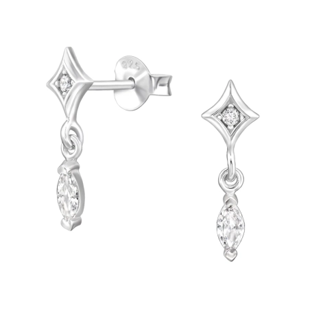 Sparkle With Dangling Marquise - 925 Sterling Silver Ear Studs With Zirconia Stones