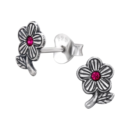 Flower Oxidized with Crystal - 925 Sterling Silver Ear Studs With Crystal Stones
