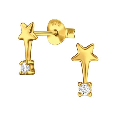 Golden Star with Zirconia - 925 Sterling Silver Ear Studs With Zirconia Stones