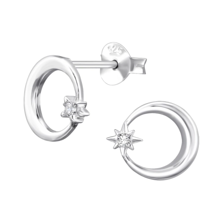 Moon and Star with Zircon - 925 Sterling Silver Ear Studs With Zirconia Stones