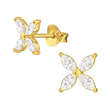 7mm  Golden Marquise Flower with Zirconia - 925 Sterling Silver Ear Studs With Zirconia Stones