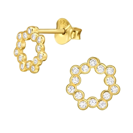 8 mm Golden Wreath with Zirconia - 925 Sterling Silver Ear Studs With Zirconia Stones