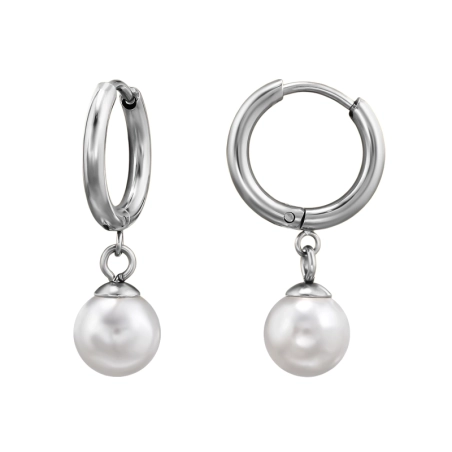 10 mm Hoop With Dangling 8mm Pearl - 316L Surgical Grade Stainless Steel Steel Earrings