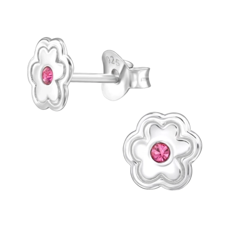 7 mm Flower with Crystal - 925 Sterling Silver Ear Studs With Stones