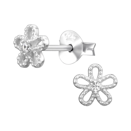 6 mm Flower with Zirconia - 925 Sterling Silver Ear Studs With Zirconia Stones