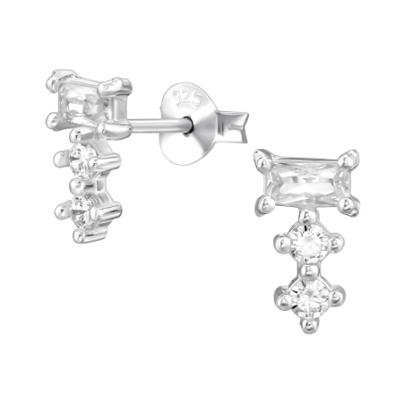 3 Zircons Below Each Other - 925 Sterling Silver Ear Studs With Zirconia Stones