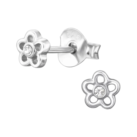 4 mm Flower with Crystal - 925 Sterling Silver Ear Studs With Crystal Stones