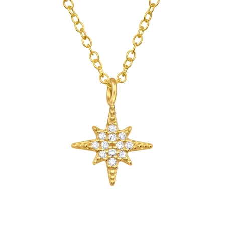 Golden North Star with Zirconia - 925 Sterling Silver Necklace With Stones