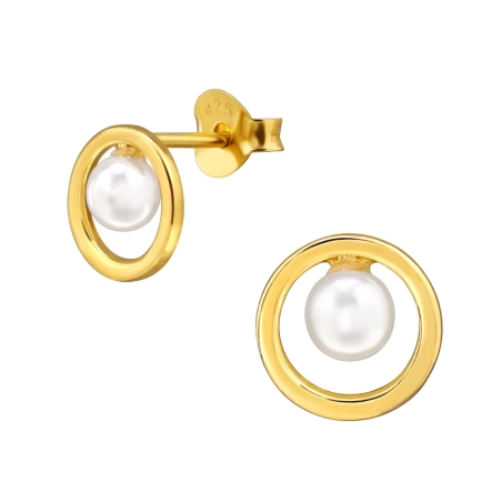 Golden Circle with Pearl - 925 Sterling Silver Ear Studs With Pearls