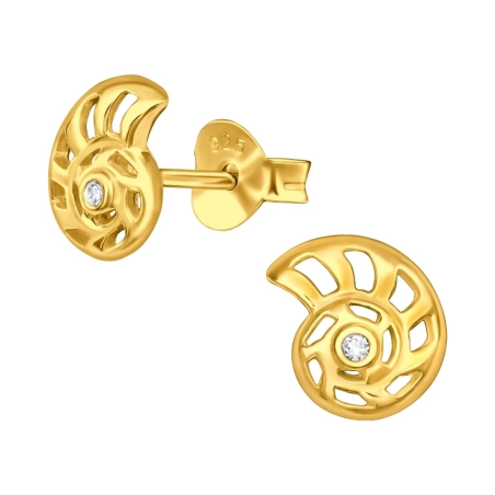 Golden Shell with Zirconia - 925 Sterling Silver Ear Studs With Zirconia Stones
