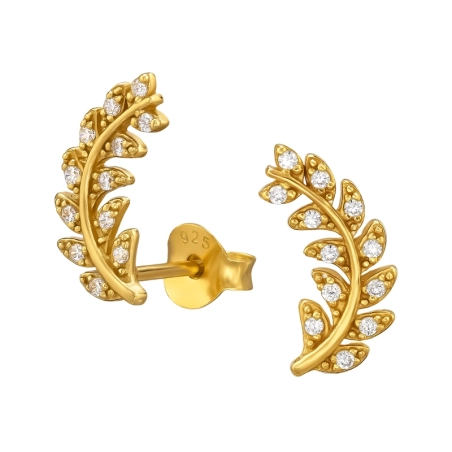 Golden Olive Leaf  with Zirconia - 925 Sterling Silver Ear Studs With Zirconia Stones