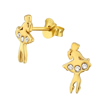 Golden Ballet Dancer with Crystals - 925 Sterling Silver Ear Studs With Crystal Stones