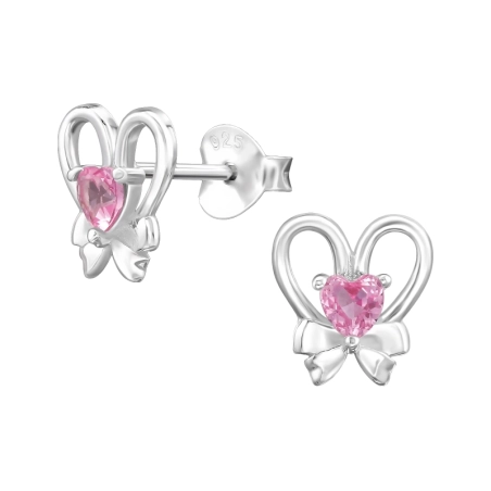 Heart With Bow with Zirconia - 925 Sterling Silver Ear Studs With Zirconia Stones