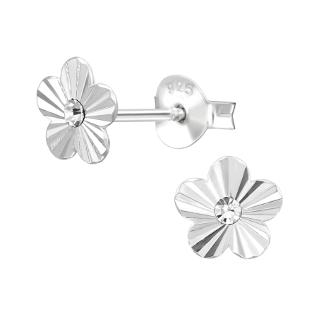 Flower Engraved with Crystal - 925 Sterling Silver Ear Studs With Crystal Stones