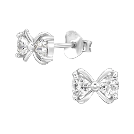 Bow with Zirconia - 925 Sterling Silver Ear Studs With Zirconia Stones