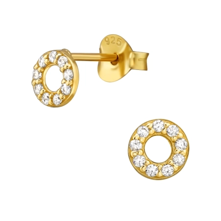 Golden Circle with Zirconia - 925 Sterling Silver Ear Studs With Zirconia Stones