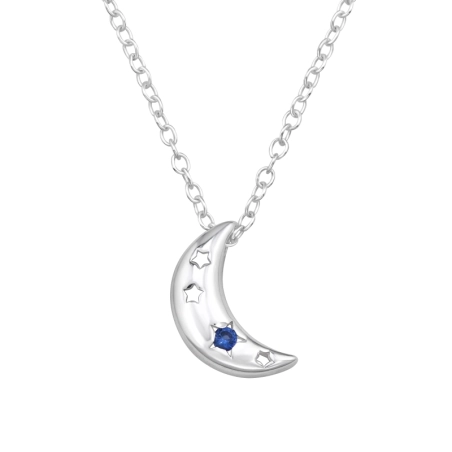 Crescent Moon With Stars - 925 Sterling Silver Necklace With Stones