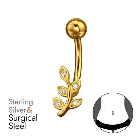 Golden Leaf with Zirconia - 316 Surgical Steel + 925 Sterling Silver Belly Bananas