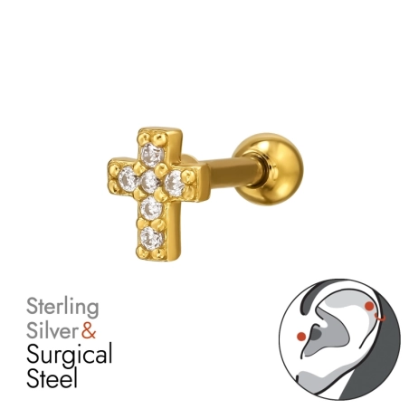 Golden Cross with Zirconia - 316 Surgical Steel + 925 Sterling Silver Ear Tunnels & Plugs