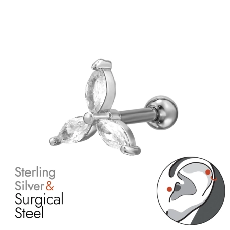 Flower with Zirconia - 925 Sterling Silver + 316 Surgical Steel Ear Tunnels & Plugs