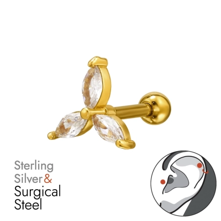Golden Flower with Zirconia - 925 Sterling Silver + 316 Surgical Steel Ear Tunnels & Plugs