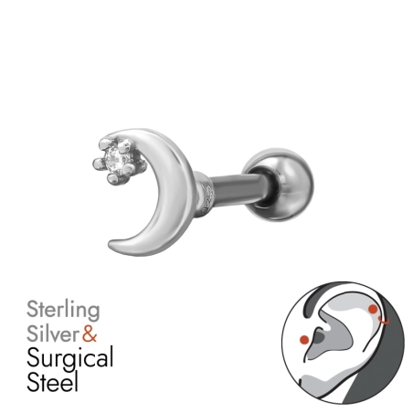 Crescent with Zirconia - 925 Sterling Silver + 316 Surgical Steel Ear Tunnels & Plugs