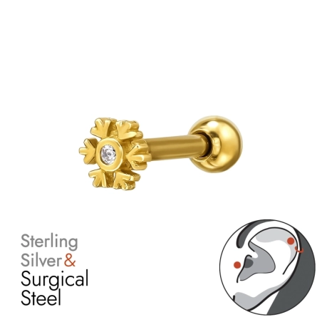 Golden Snowflake with Zirconia - 316 Surgical Steel + 925 Sterling Silver Ear Tunnels & Plugs